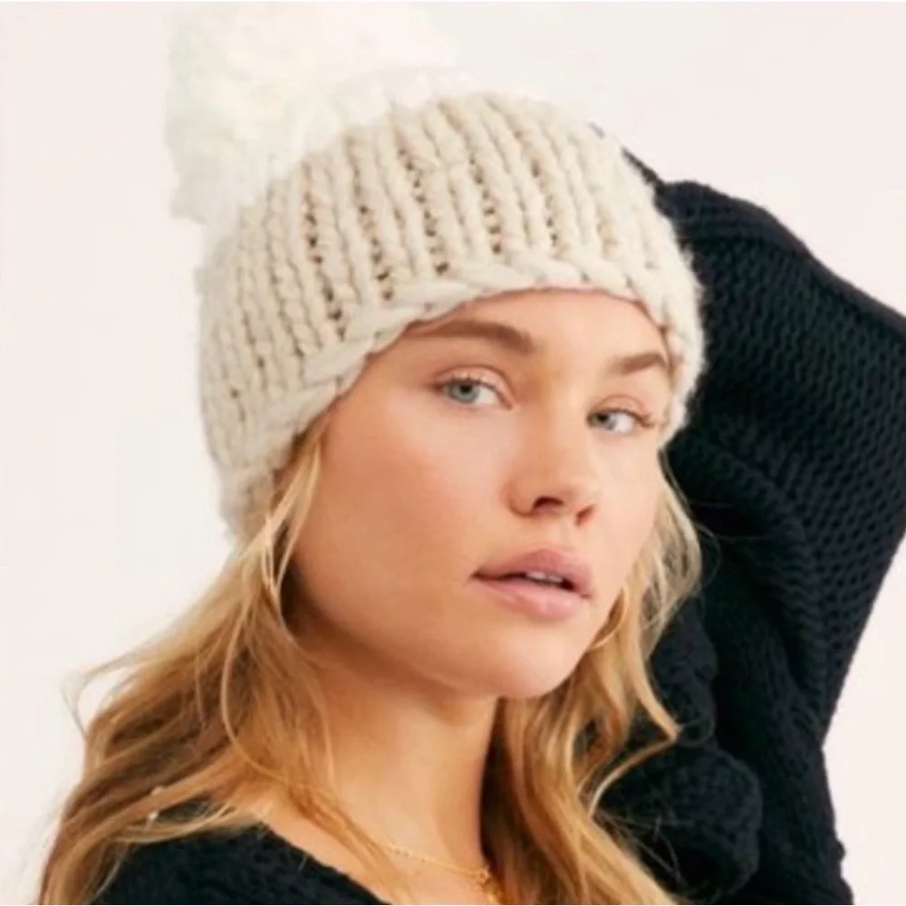 Free People Cozy Up Color Block Pom‎ Beanie